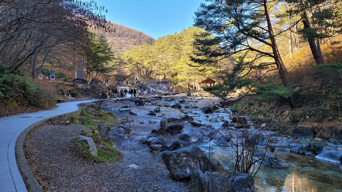 草津西之河原公園的溫泉溪流、岩石與步道