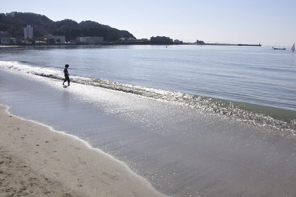神奈川縣逗子海岸的弧形沙灘與逗子灣