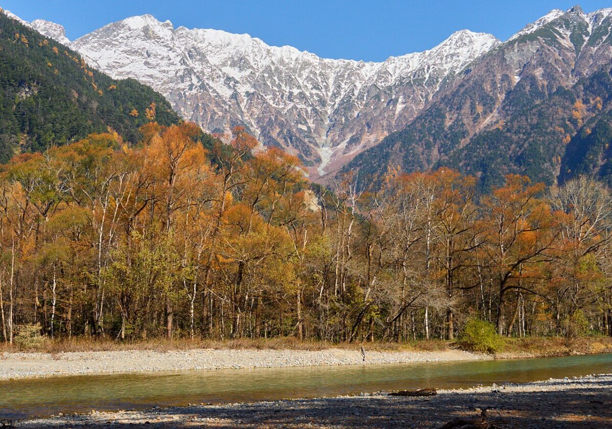 秋天的梓川與穗高連峰