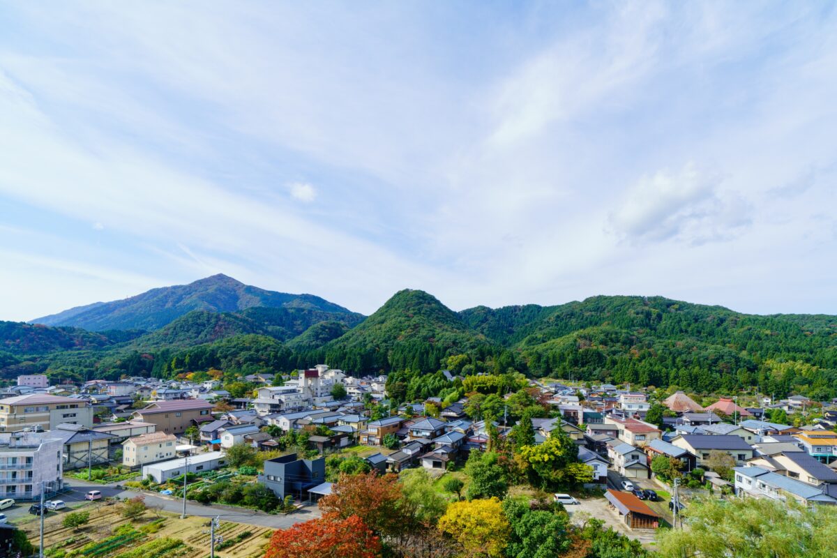 絵画特別ルーム／弥彦連山大パノラマルームからの景観例。弥彦連山や岩室富士を一望できるのは