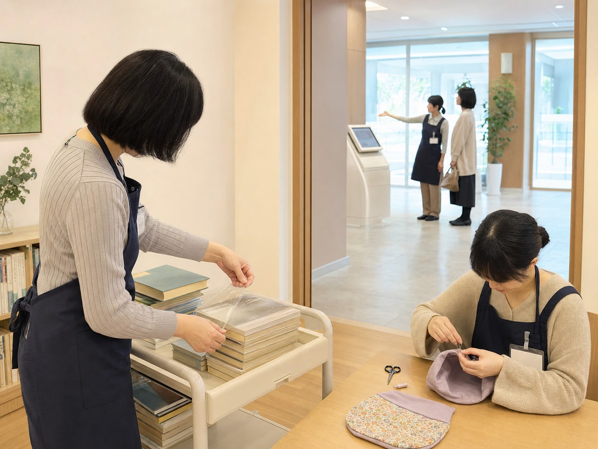 醫院志工整理圖書、縫製照護帽並在遠處引導訪客的示意