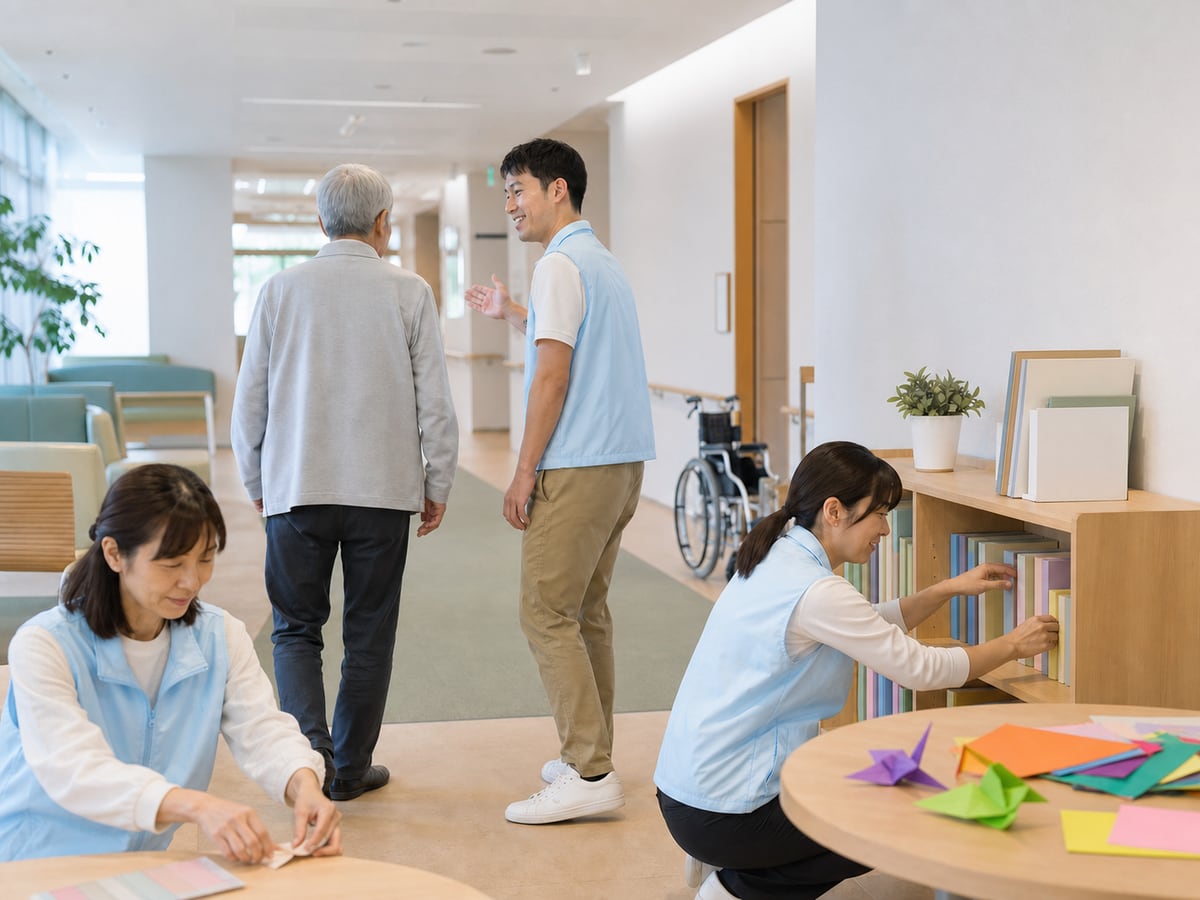 醫院志工進行院內引導、圖書整理與折紙準備的活動示意