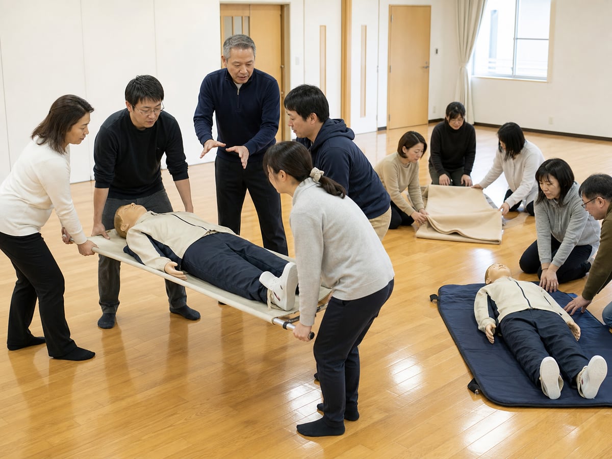 日本紅十字東京傷病者搬運擔架與毛毯實技示意