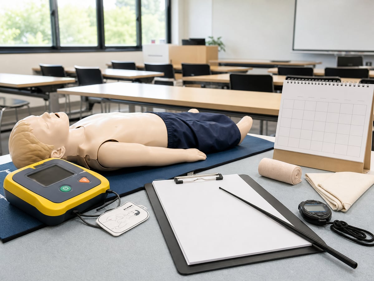 幼兒安全法指導員養成的兒童CPR人偶、AED、教案與多日研修一般示意