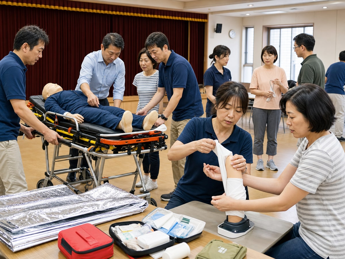東京地域社區居民練習三角巾應急處置與擔架搬運的示意圖