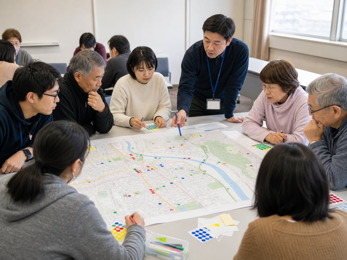 東京地域團體在大型地圖標示防災資源與危險地點的DIG示意圖