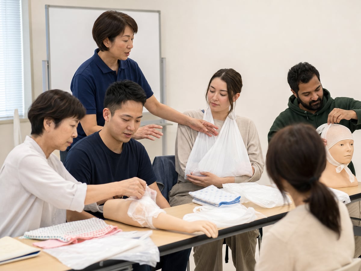 東京地域團體以手帕塑膠袋與絲襪練習日用品應急處置的示意圖