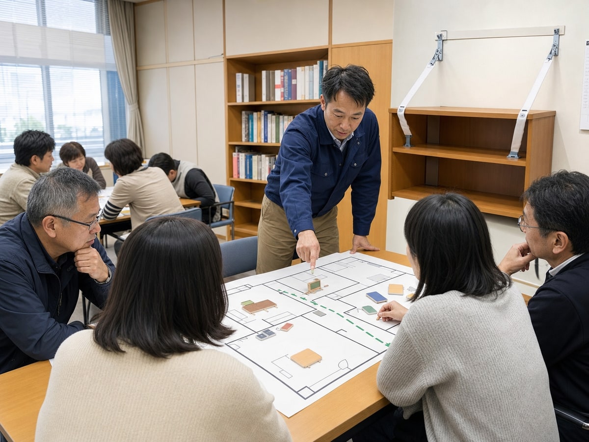 東京地域團體以房間平面圖檢查家具地震風險的示意圖