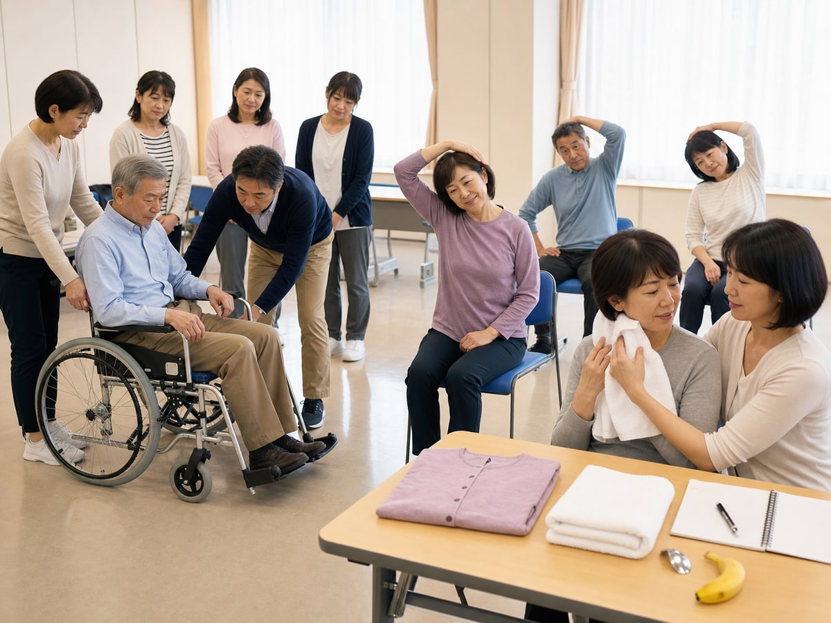成人分組練習輪椅操作、健康體操與熱毛巾生活支援的一般示意