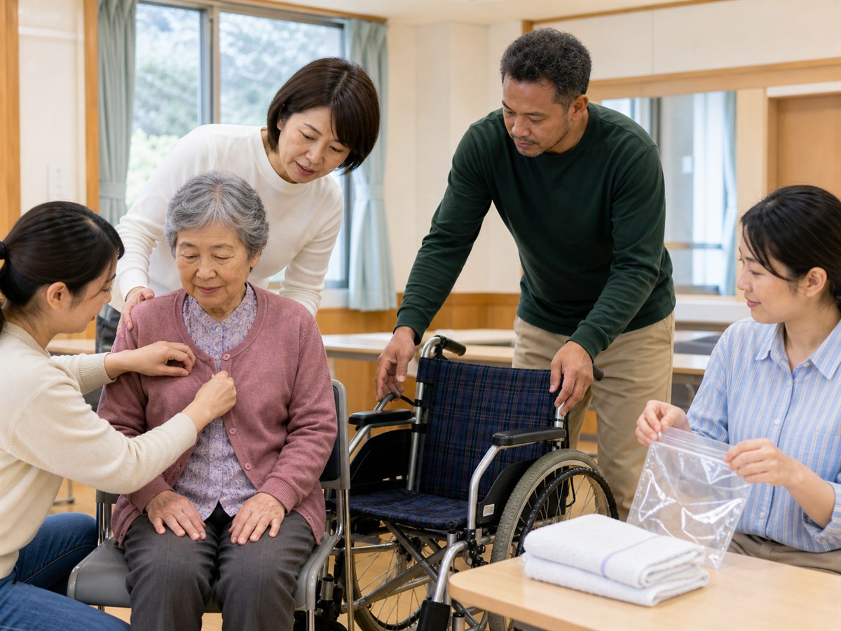 成人在教室練習前開上衣、輪椅與毛巾袋裝災害支援用品的一般示意