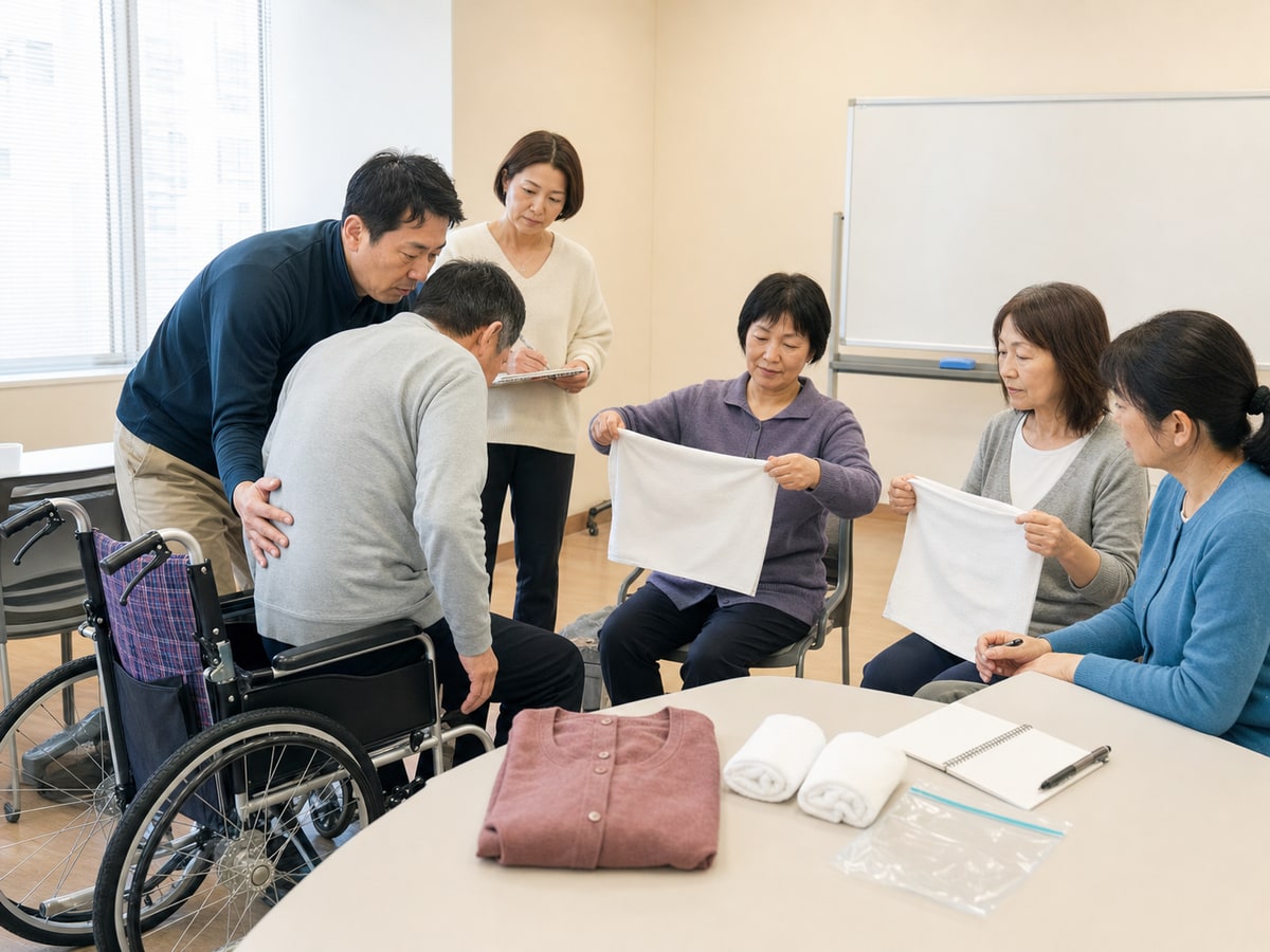 成人在教室練習輪椅移動、前開上衣與熱毛巾生活支援的一般示意