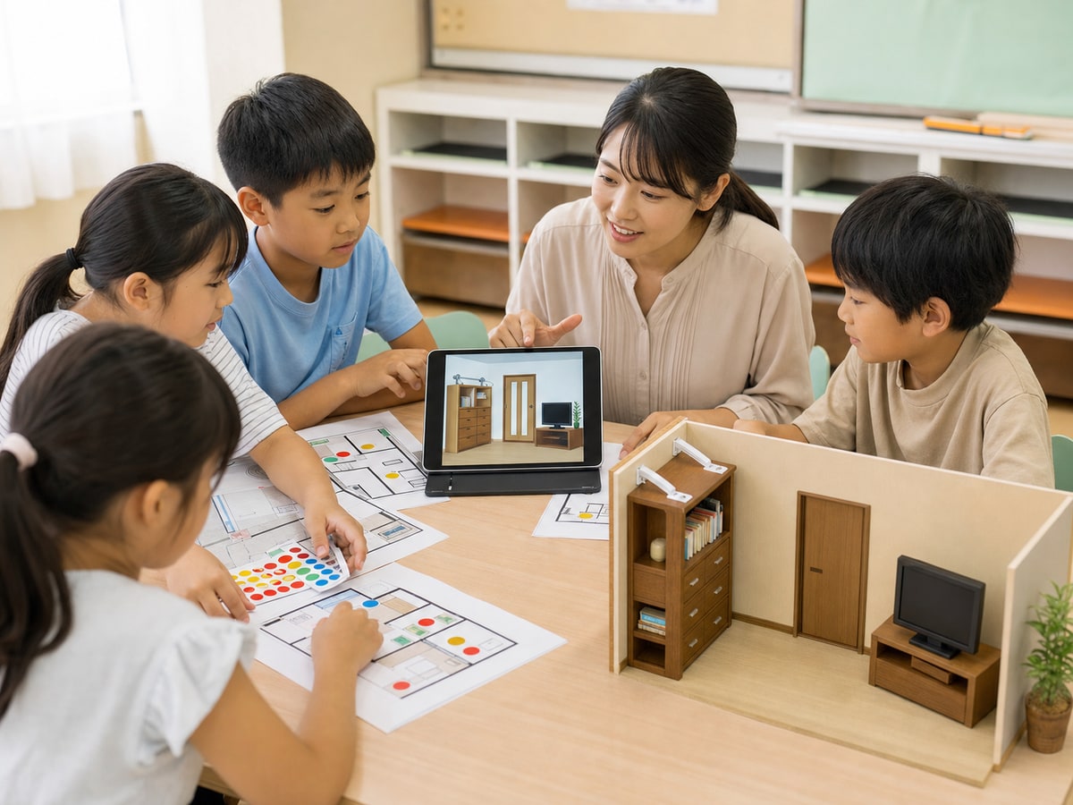 日本兒童以工作紙和影片學習居家地震危險的示意圖