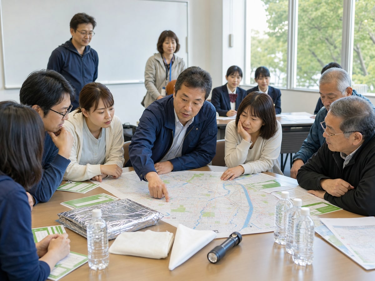 東京地域團體以地圖討論大規模水害防災準備的示意圖