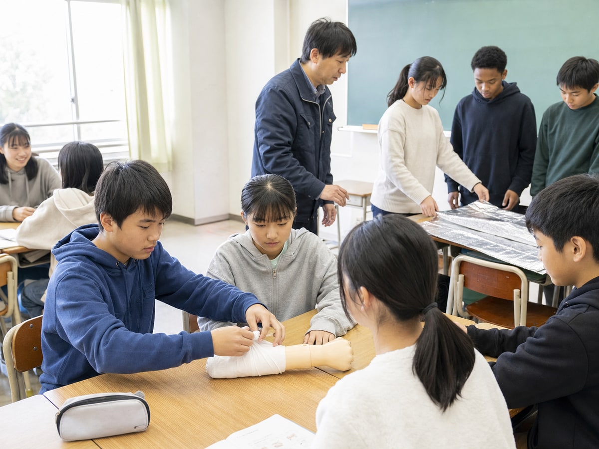 日本學校課堂進行應急處置與避難所生活防災學習的示意圖