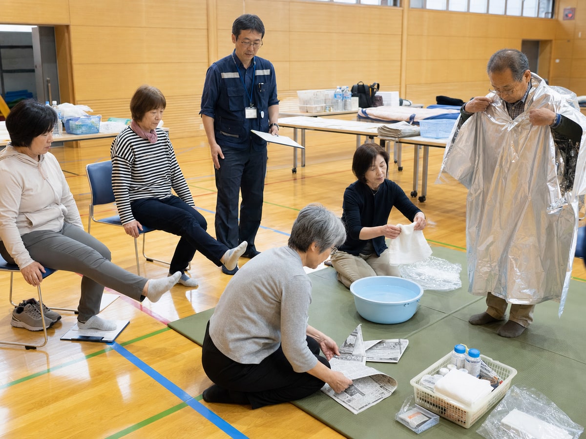 東京地域團體練習避難所體操與生活實用技術的示意圖
