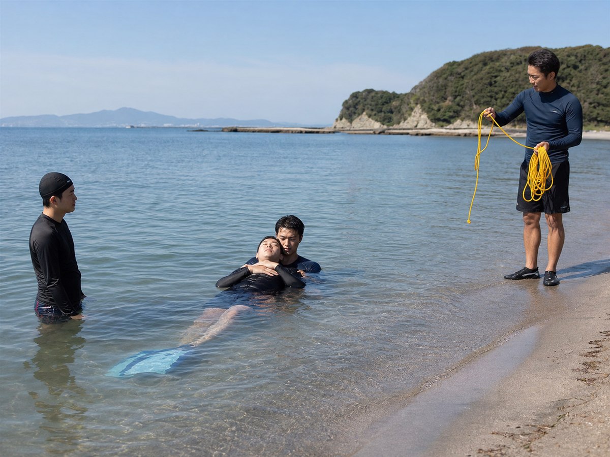 成人在平靜海岸以蛙鞋、繩索與支撐搬運練習海洋救助的一般示意