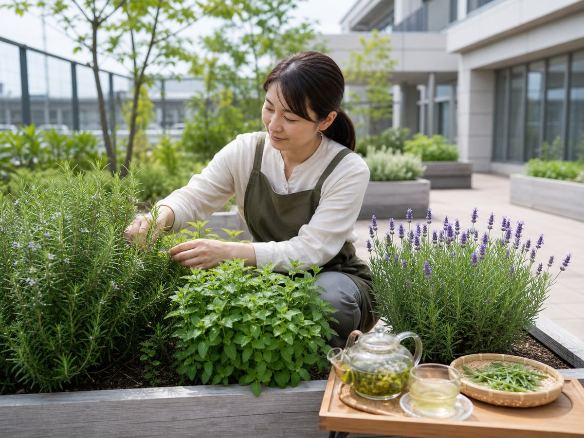 院內香草園藝志工照料香草植物與準備香草茶的示意場景