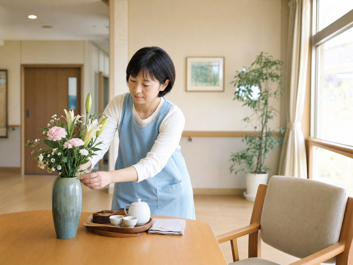 緩和照護志工準備花瓶與茶飲服務的示意場景