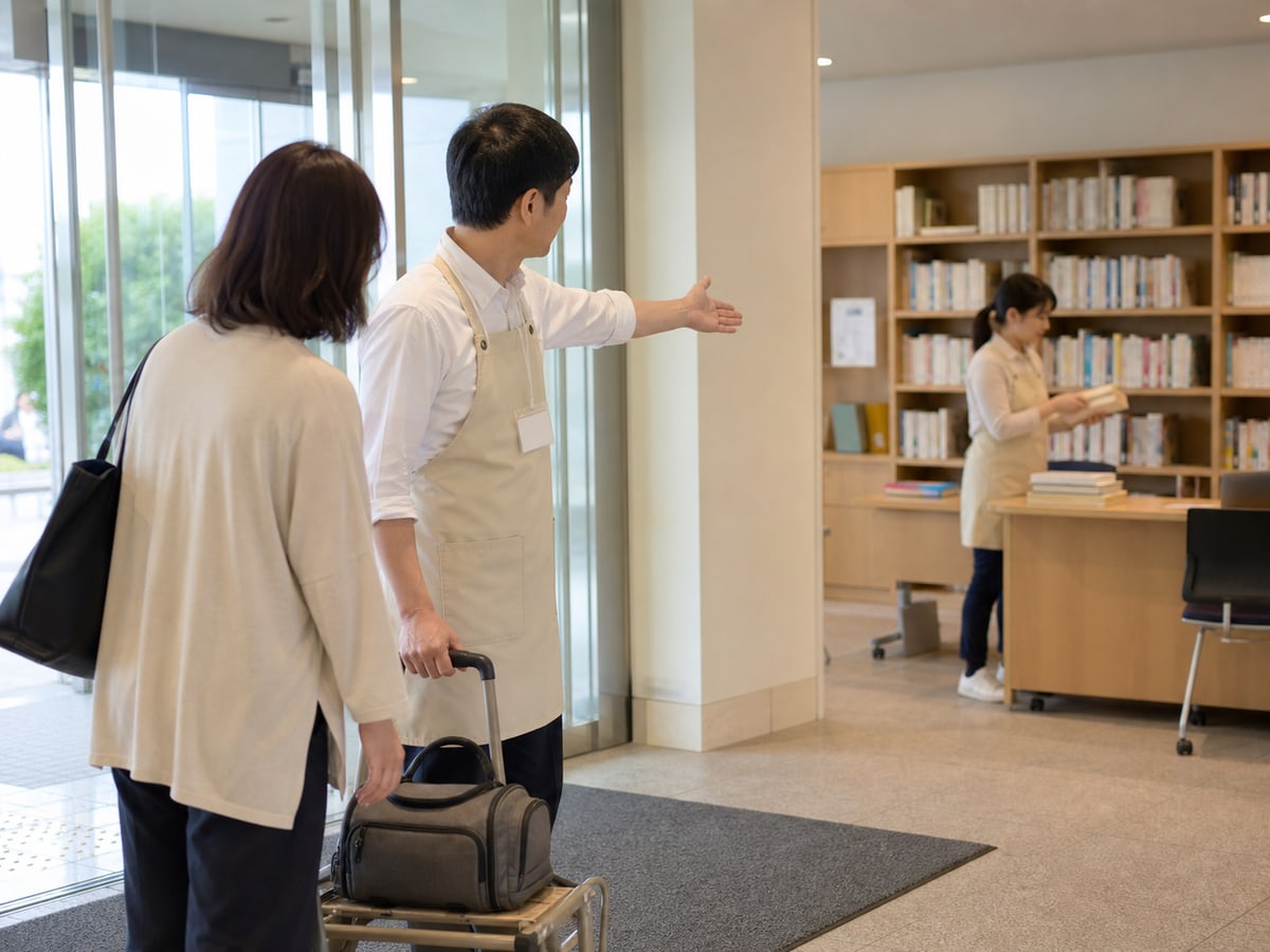 醫院志工在入口協助搬運入院行李並在院內圖書室整理書籍的示意