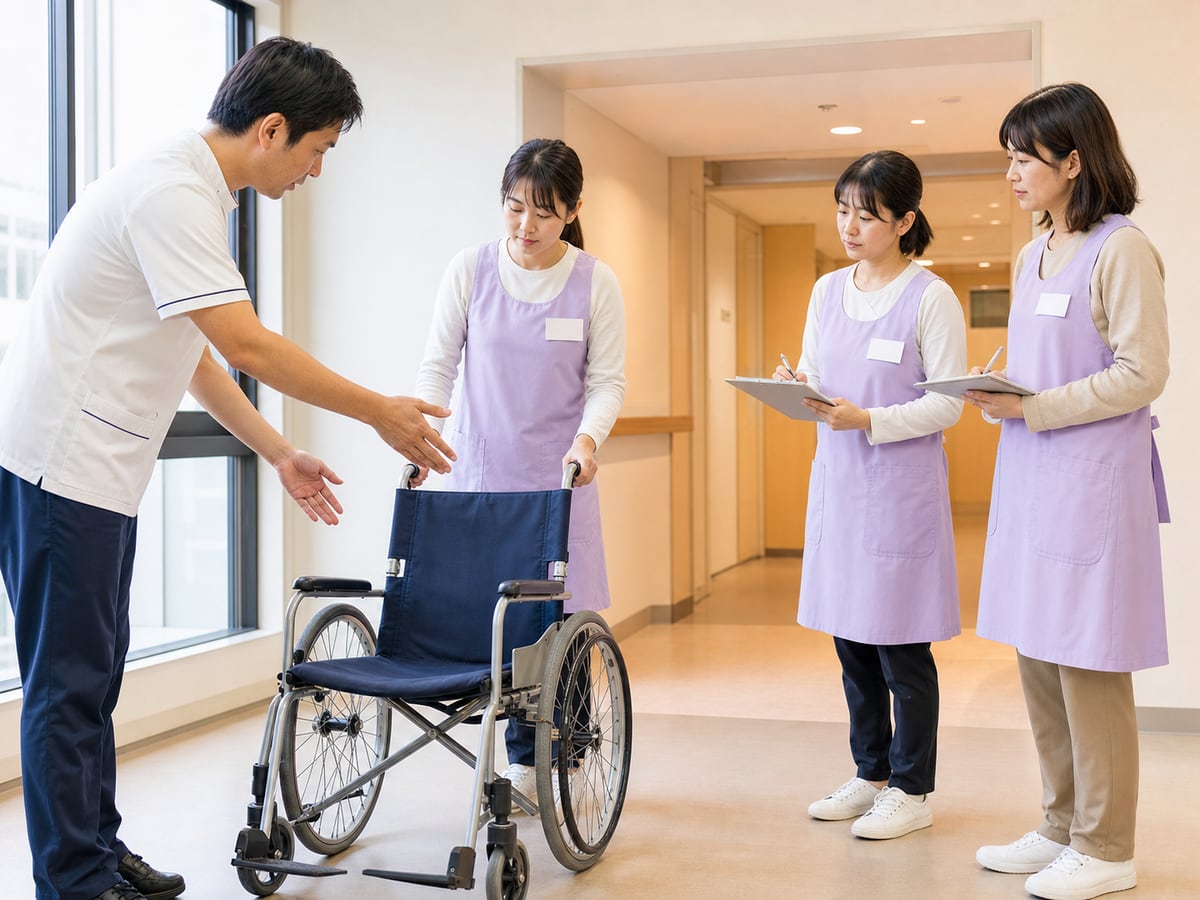 醫院職員向3名志工示範安全輪椅操作並進行活動前研修