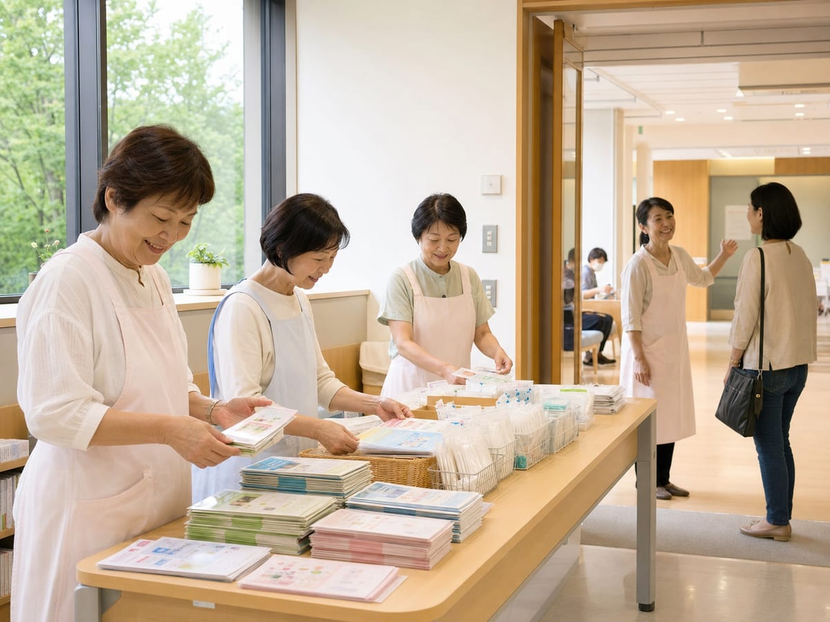 武藏野紅十字醫院志工在院內準備資料並提供非醫療引導