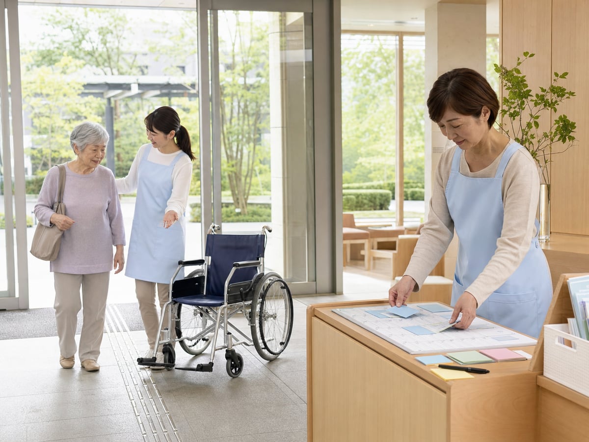 國立長壽醫療研究中心成人志工進行玄關引導、輪椅協助與日程事務的示意