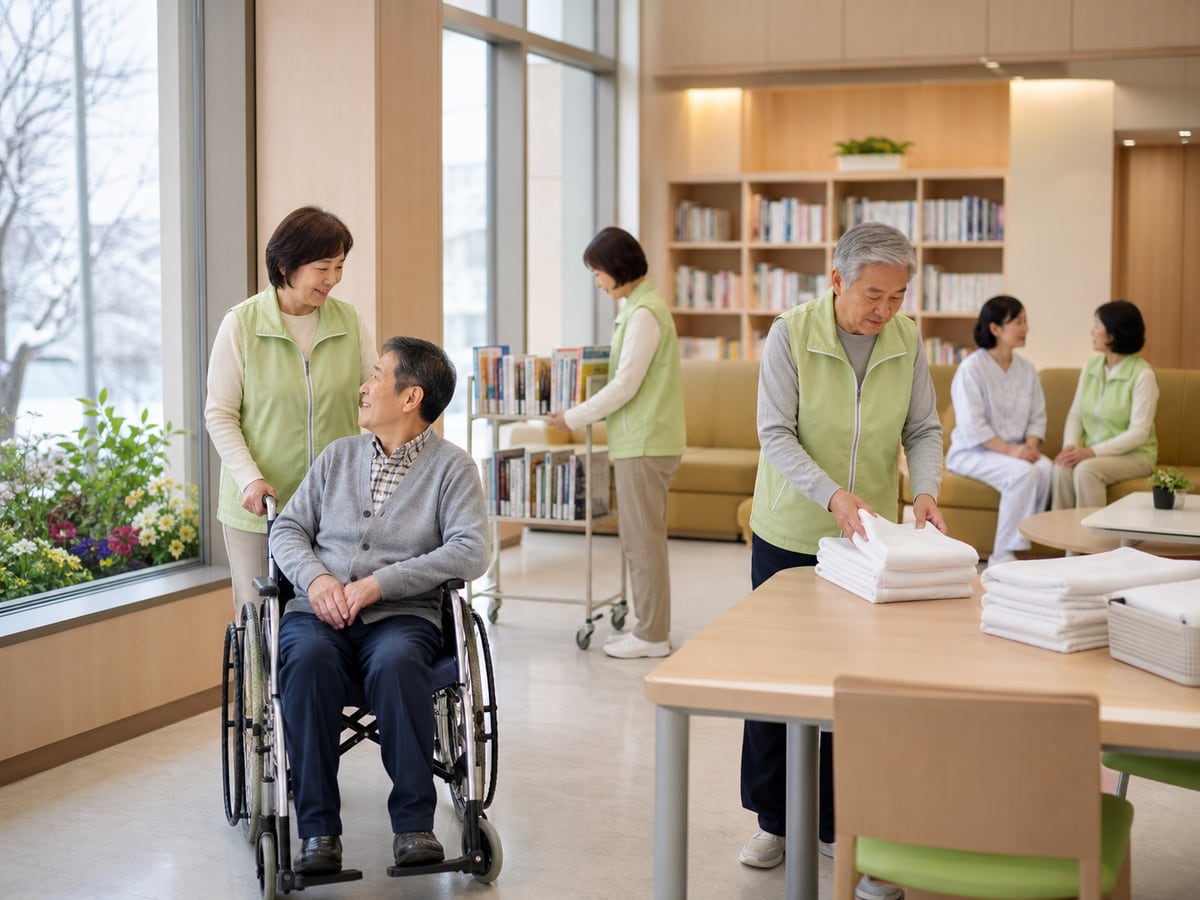 旭川醫療中心成人志工協助輪椅、毛巾整理與圖書室的示意