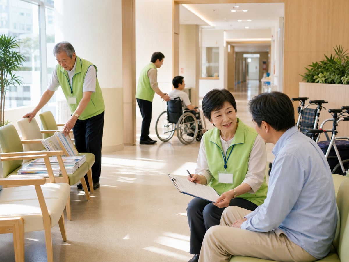外來志工整理候診空間、協助手續與輪椅引導的示意圖