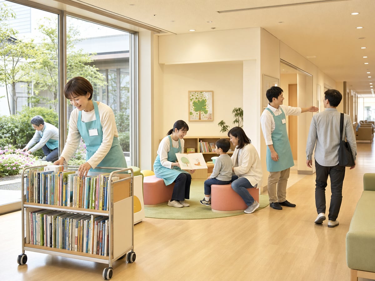 志工進行圖書整理、小兒閱讀、來院者引導與花壇照護的示意圖
