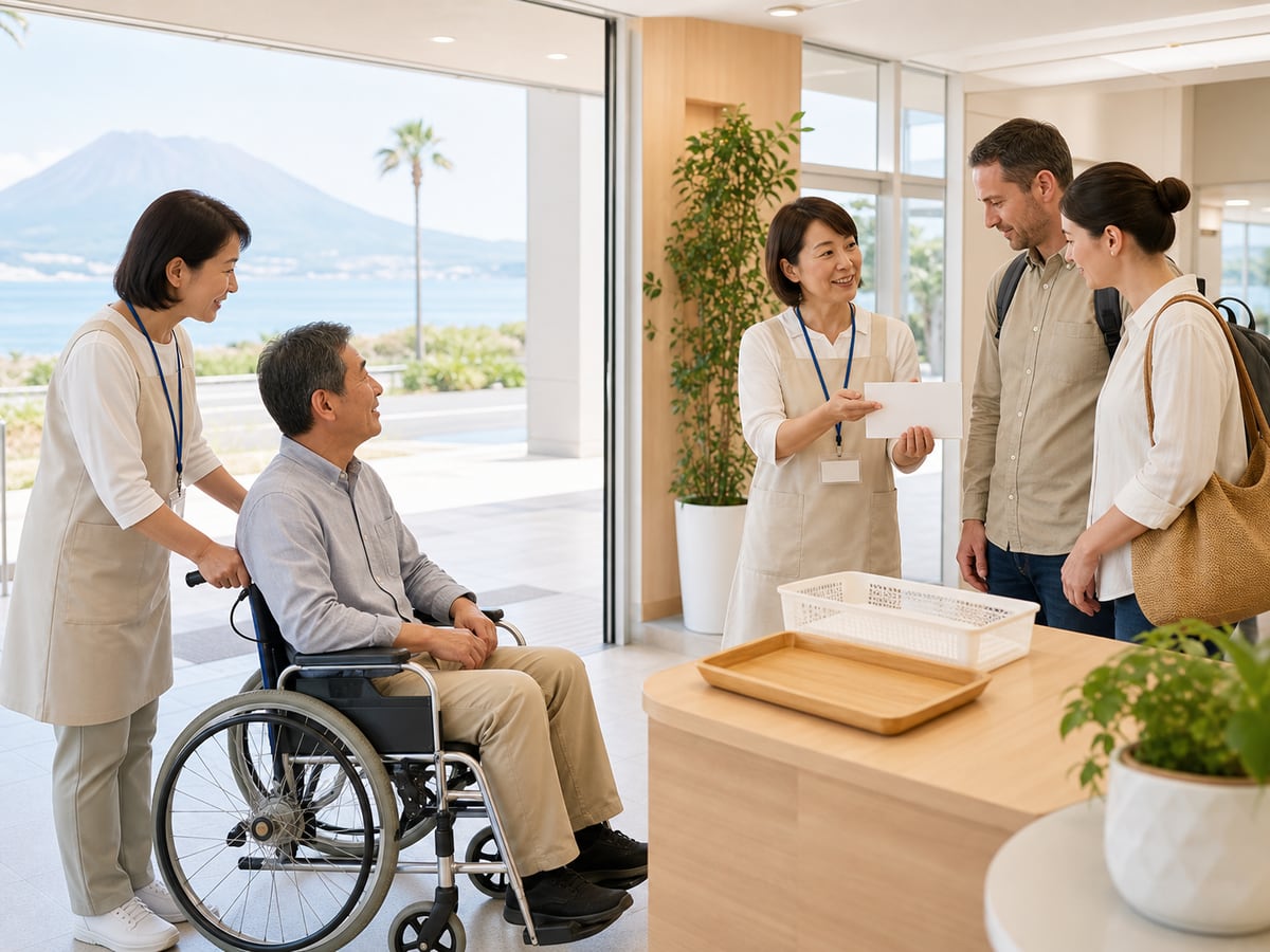指宿醫療中心成人志工協助輪椅與外國觀光客口譯的示意