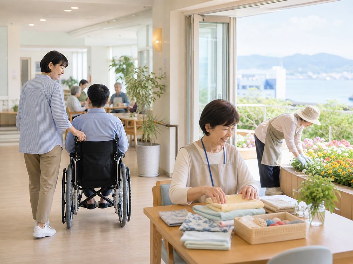 七尾醫院成人志工協助輪椅移動、輕作業與花壇整理的示意