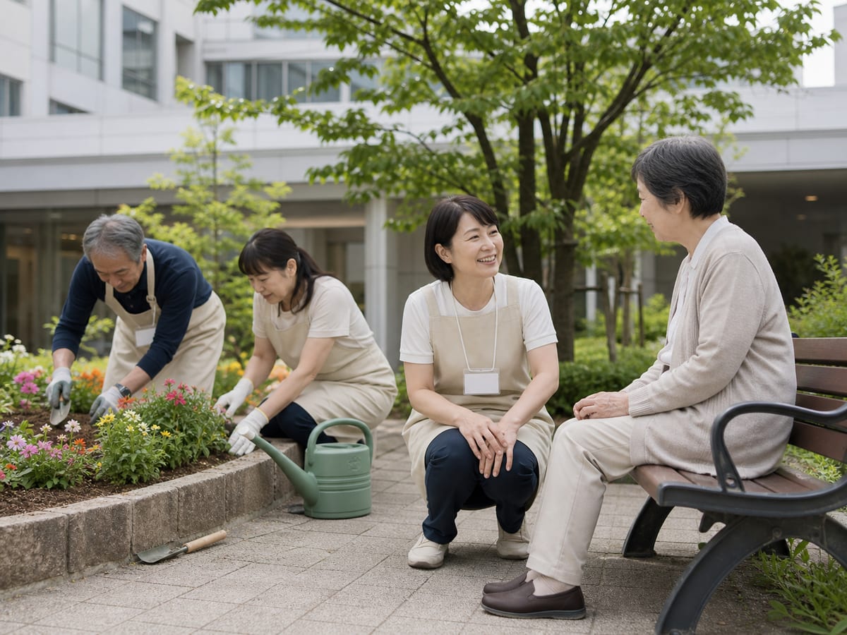醫院志工整理花壇並陪伴患者交談的活動示意圖