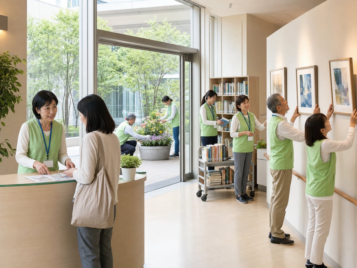 志工進行院內引導、圖書整理、藝術展示與園藝的示意圖