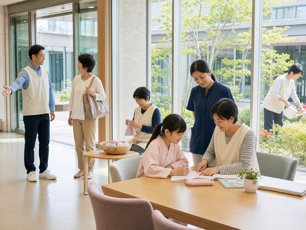 大阪市立綜合醫療中心志工進行院內引導、住院兒童學習支援、裁縫與庭園整理的示意