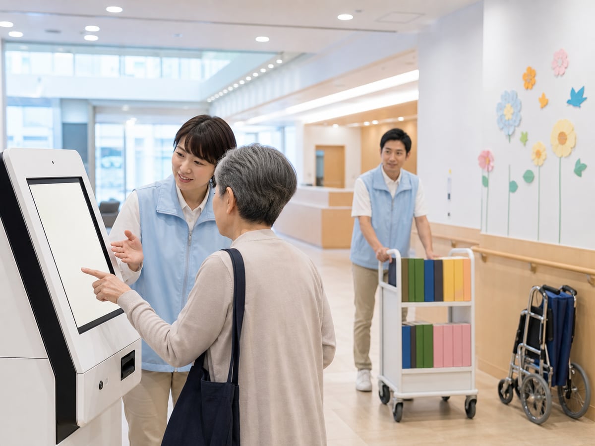醫院志工協助自動支払機、移動圖書與輪椅準備的活動示意
