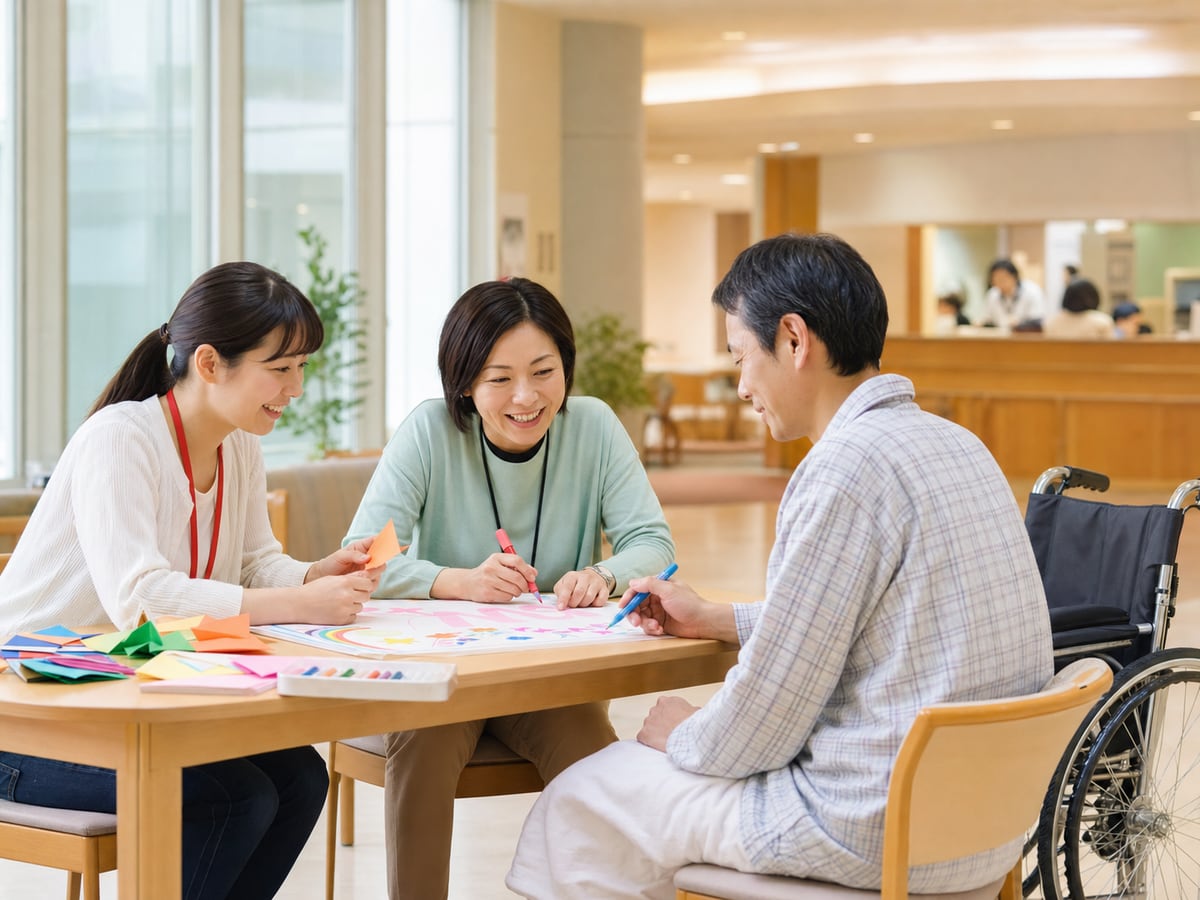 醫院患者交流空間內進行手作活動的志工示意