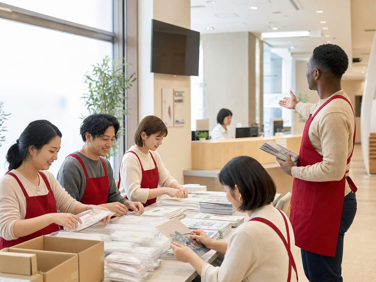 東京獻血志工在明亮接待空間準備資料與引導用品
