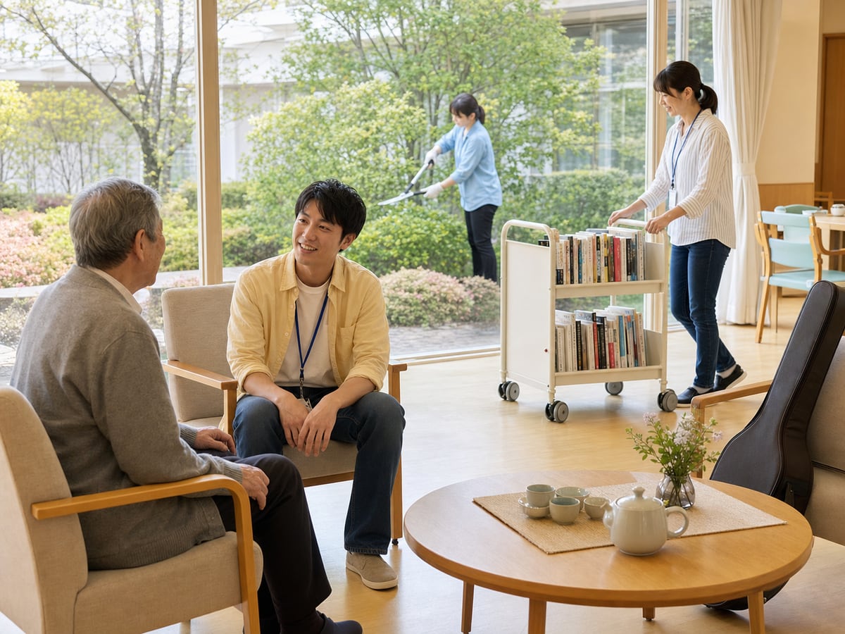 柳井醫療中心成人志工陪伴患者、整理移動圖書與庭園的示意