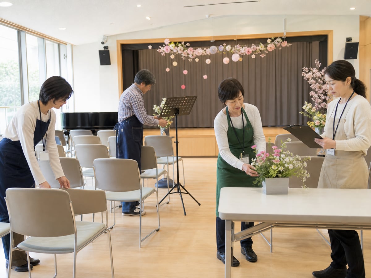 活動志工在院內會場安排座椅、花飾與音樂會用品的示意場景