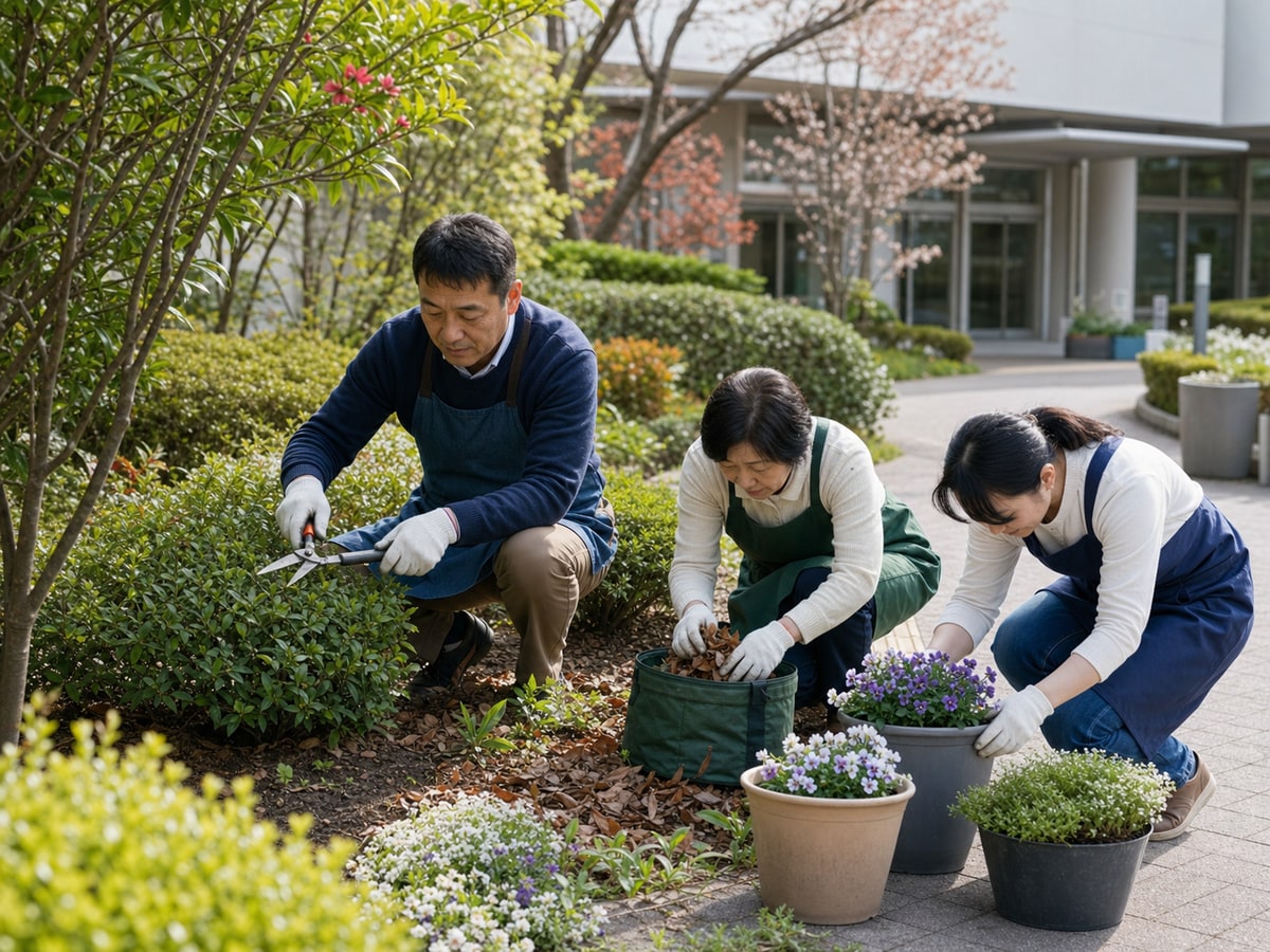 三名志工在公共設施庭園維護花木的示意場景