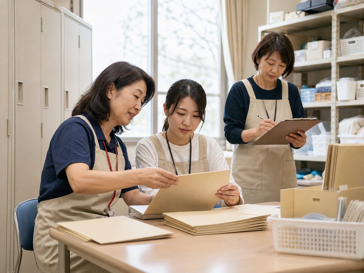 前輩志工陪同新人整理資料並由協調員確認工作的示意場景
