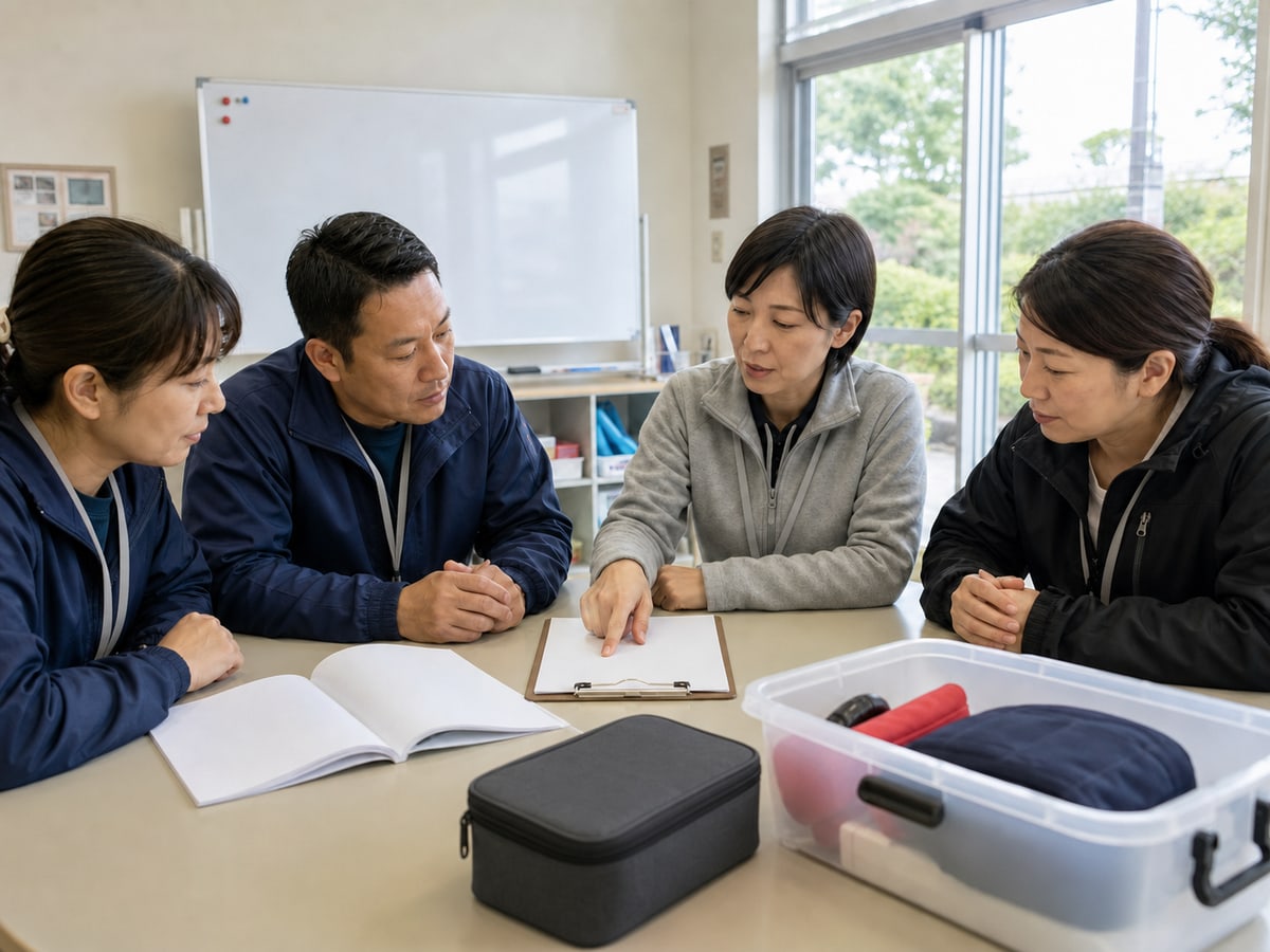 志工與協調員確認事故報告、保險說明與備品管理的示意場景