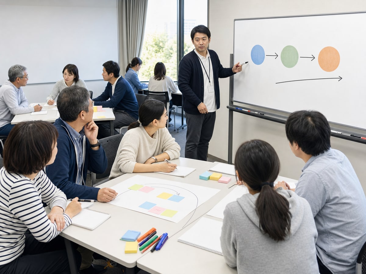 志工在研修室進行基礎學習、課題討論與領導規劃的示意場景