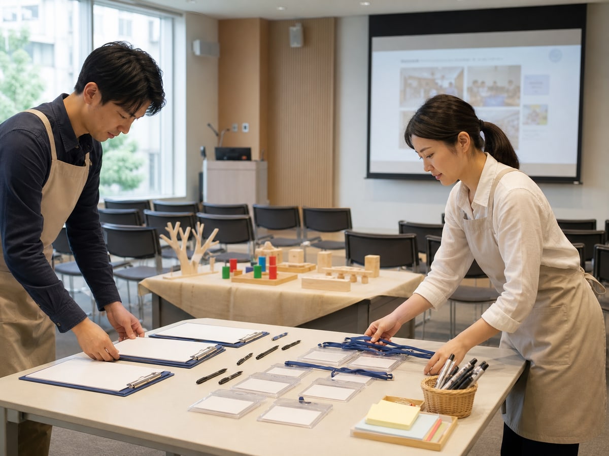 志工在公共設施內準備講習會教材、實演台與備品的示意場景